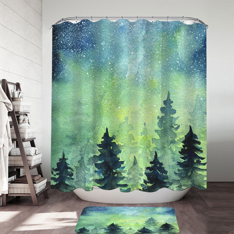 Art Painting Shower Curtain of Green Night Pine Forest