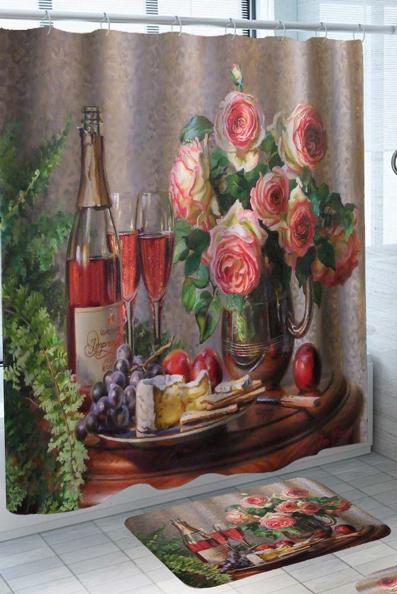 Art Painting Shower Curtain with Roses Wine and Cheese