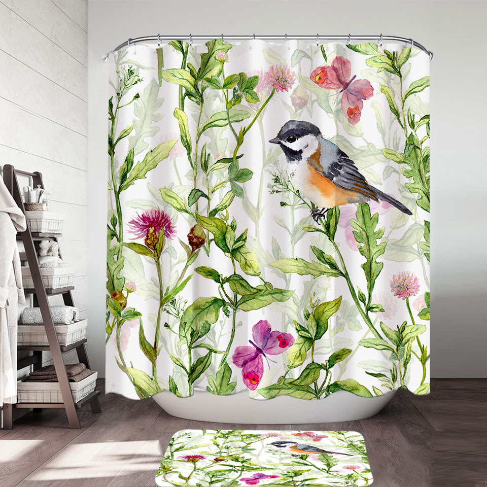 Art Painting Shower Curtains Bird and Butterflies with Flowers