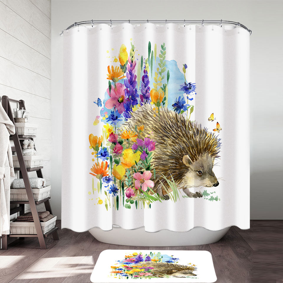 Art Painting Shower Curtains Flowers and Cute Hedgehog