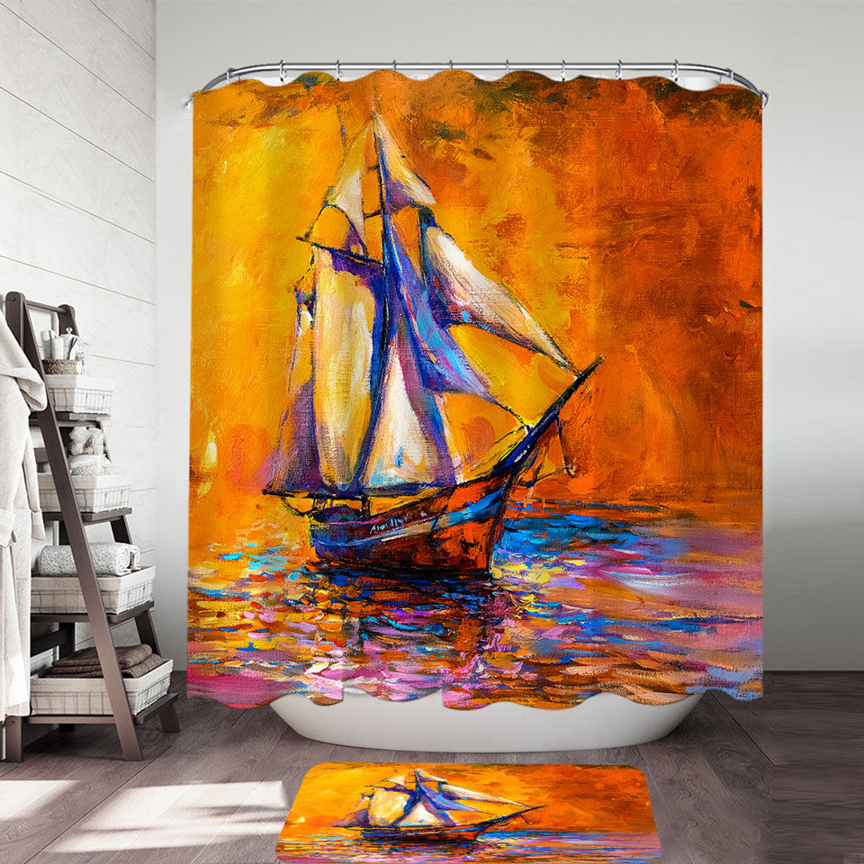 Art Painting Sunset Sailboat Shower Curtain