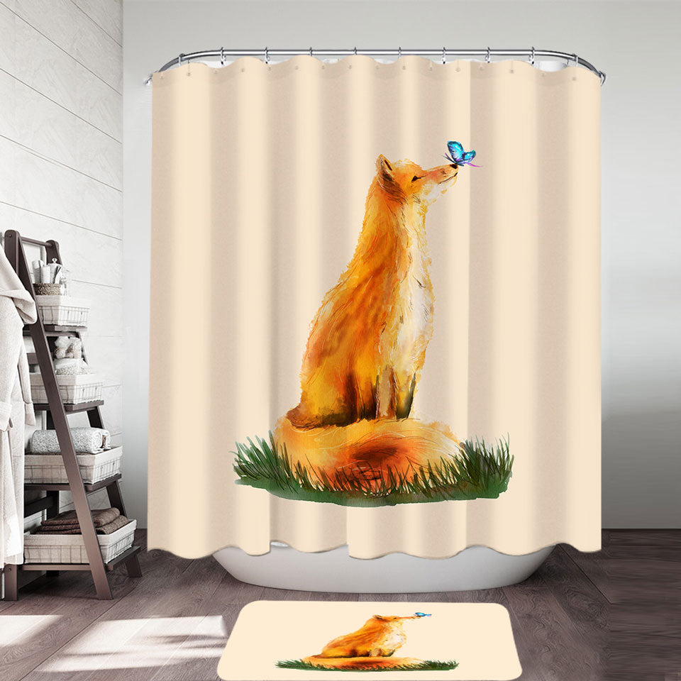 Art Painting Sweet Fox and Butterfly Cute Shower Curtains