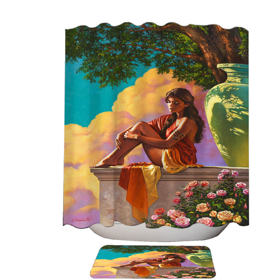 Art Painting of Roses and Beautiful Girl Shower Curtain