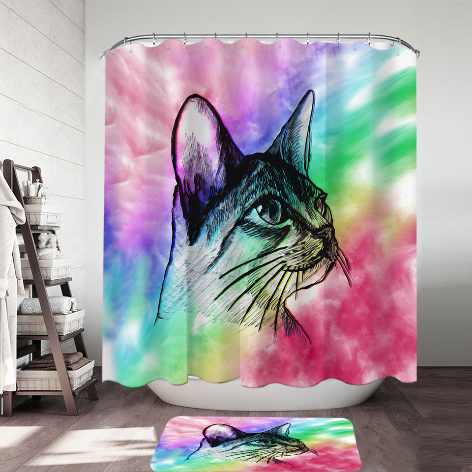 Art Shower Curtain Cat Drawing over Colorful Fog