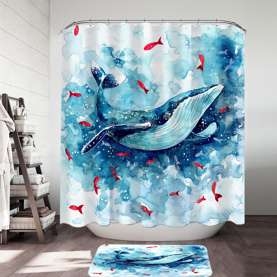 Art Shower Curtain Painting Fish and Whale