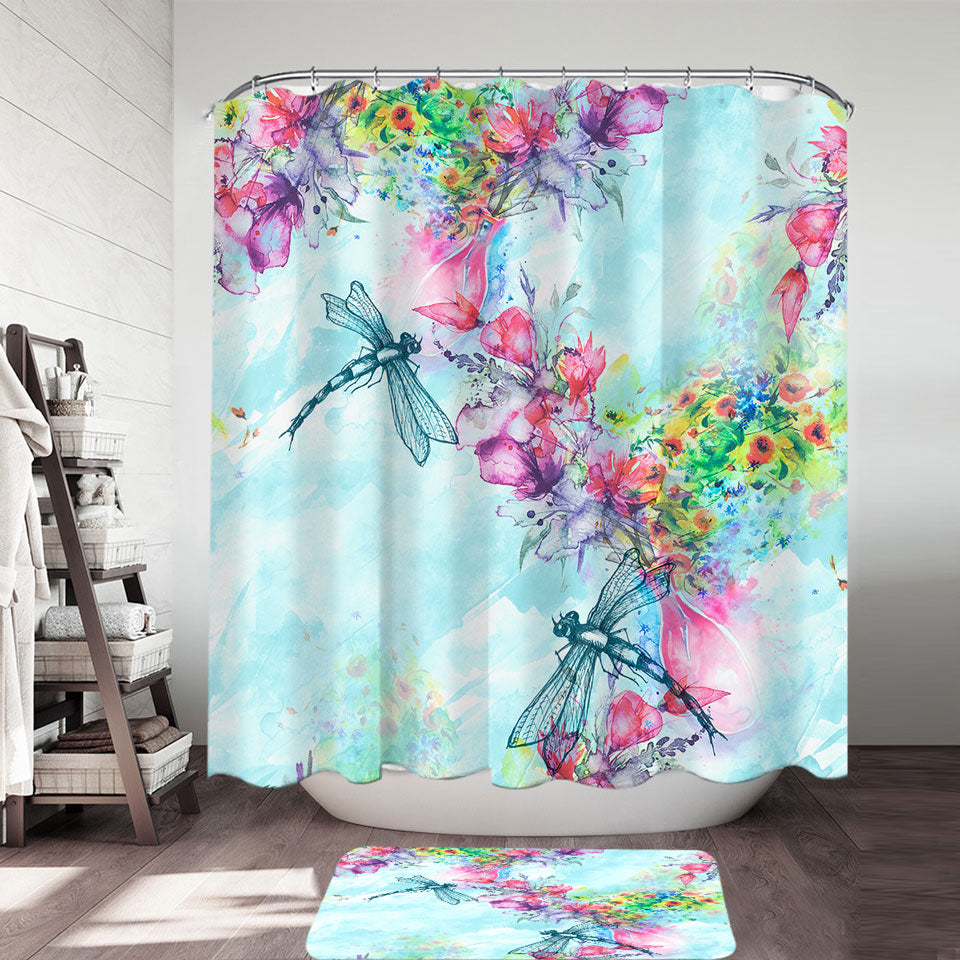 Art Shower Curtain Painting Flowers and Dragonflies