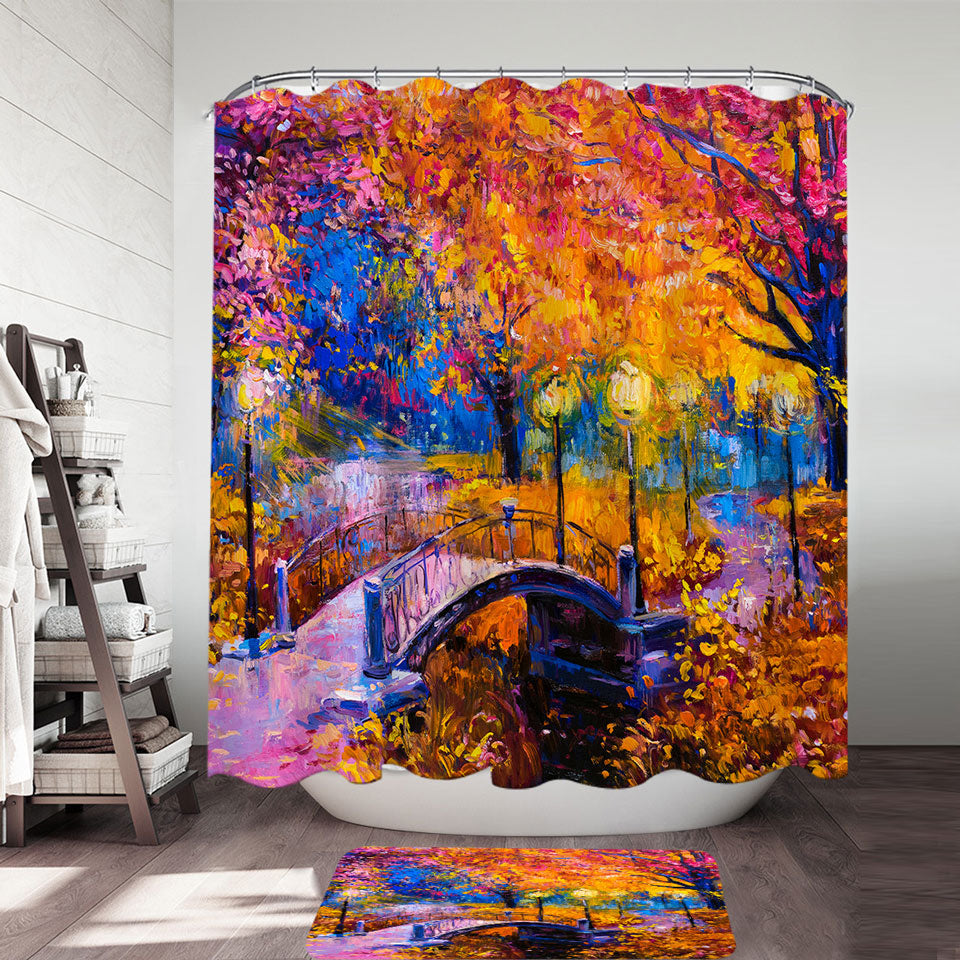 Art Shower Curtain Wooded Park and Bridge Gorgeous Autumn Art