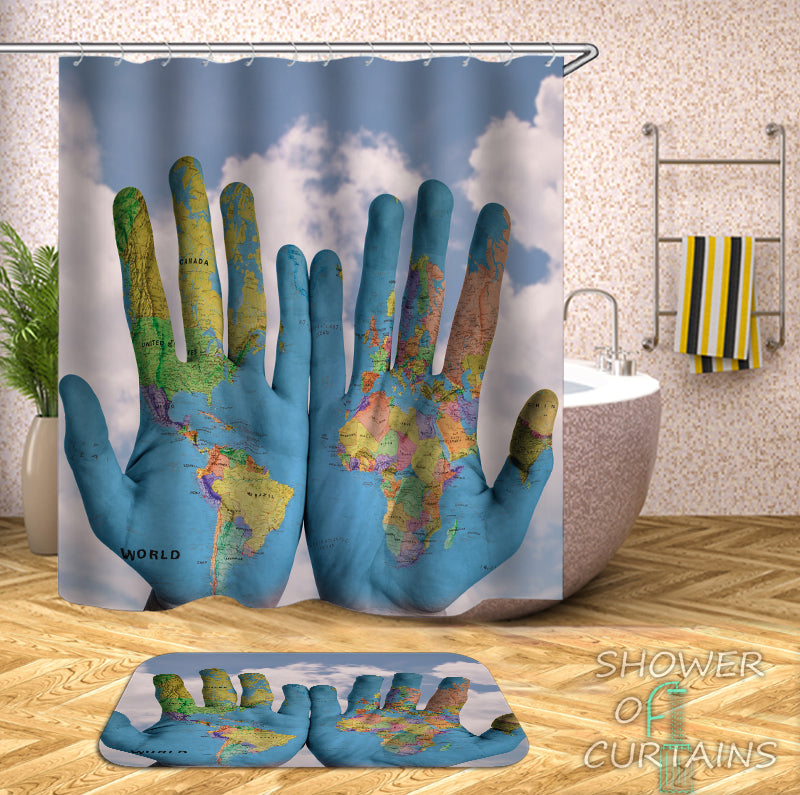 Art Shower Curtain of World Map Hands