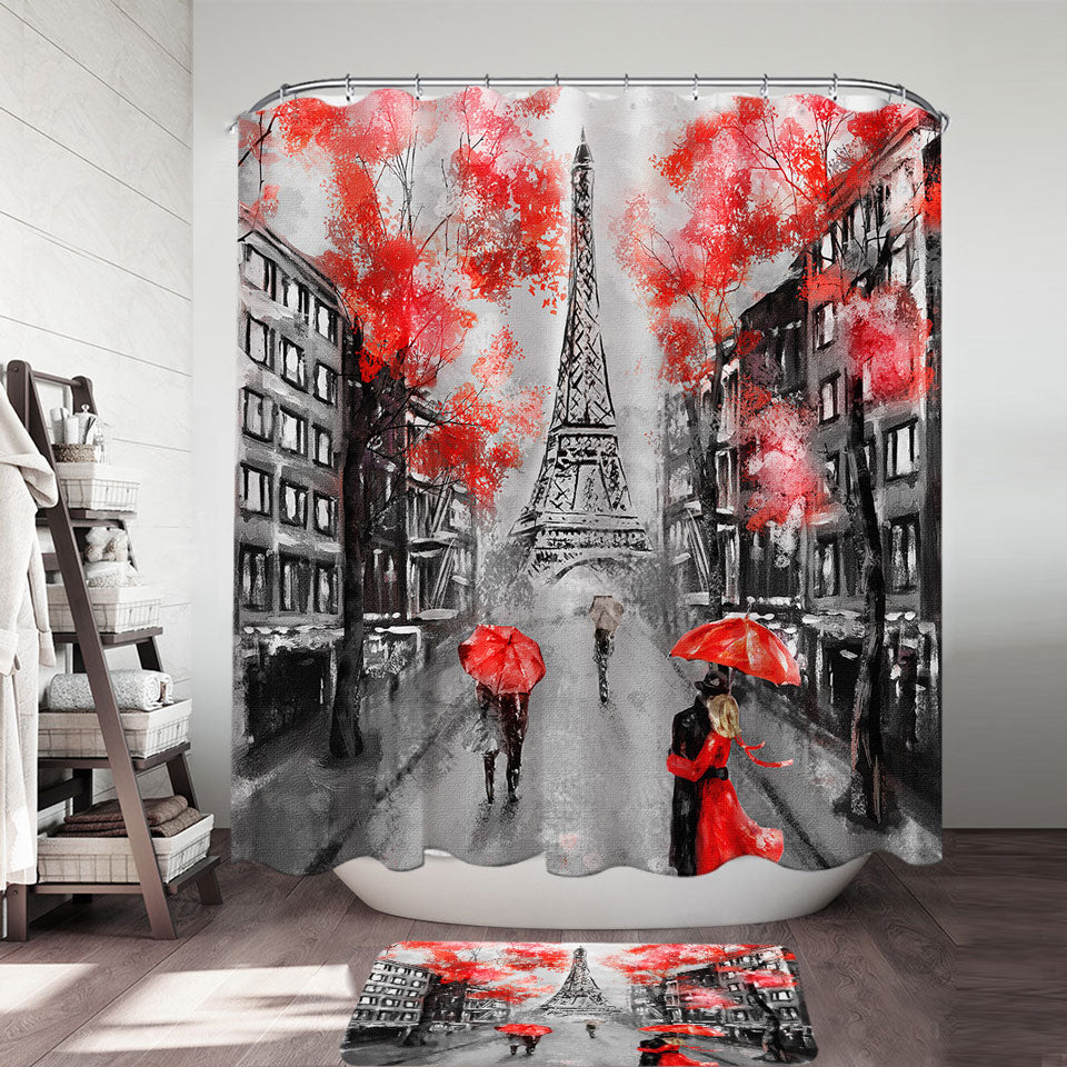 Artistic Autumn Red Eiffel Tower Shower Curtain