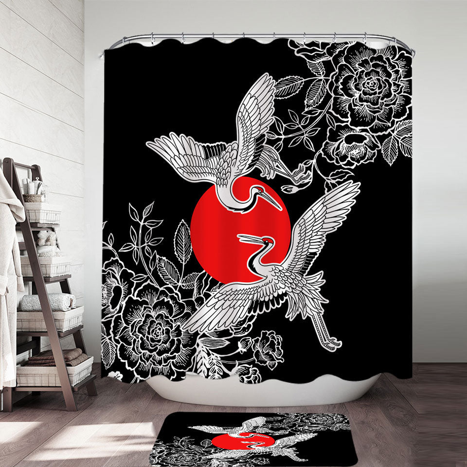 Artistic Japanese Modern Shower Curtains Flowers and Storks
