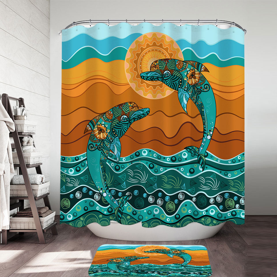 Artistic Ocean and Dolphins Shower Curtain