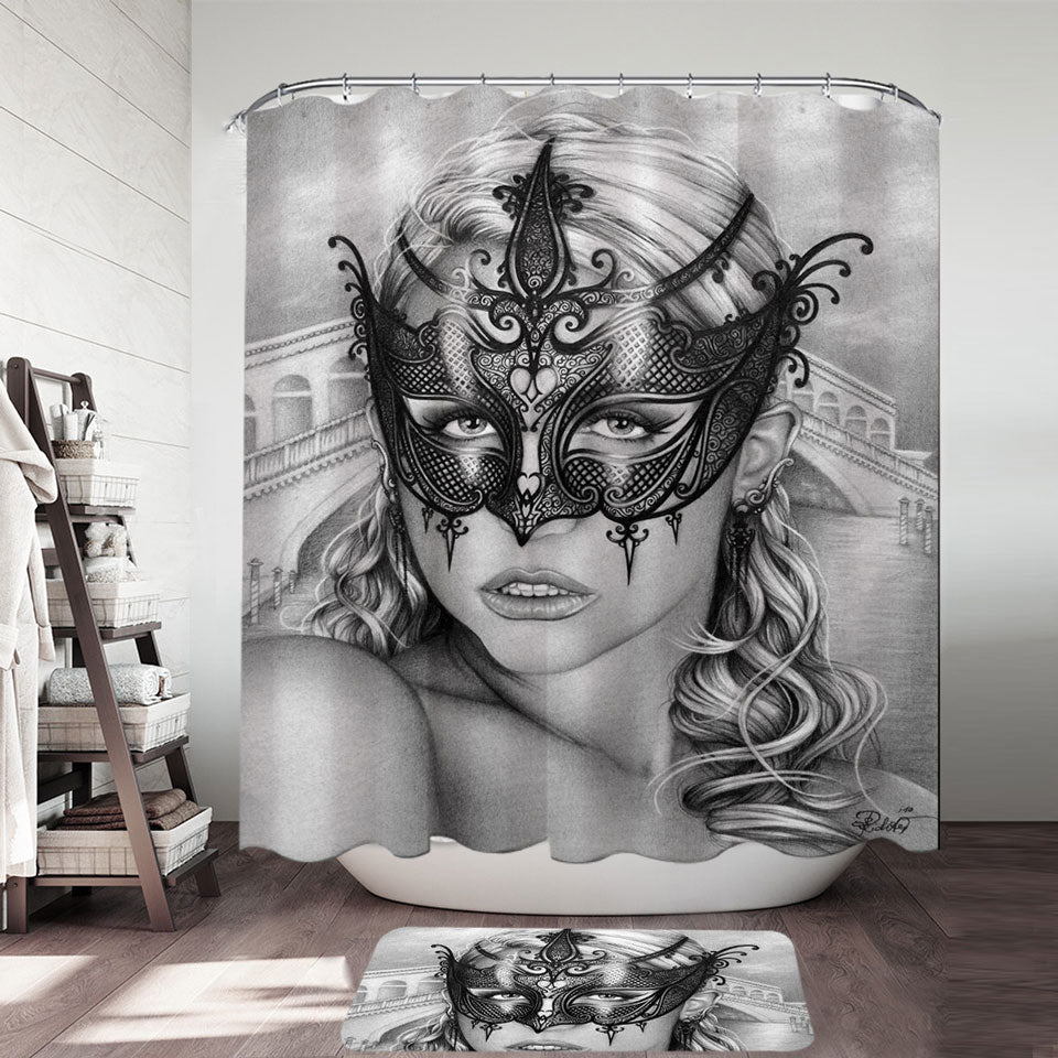 Artistic Pencil Drawing Shower Curtain Venice Masked Woman