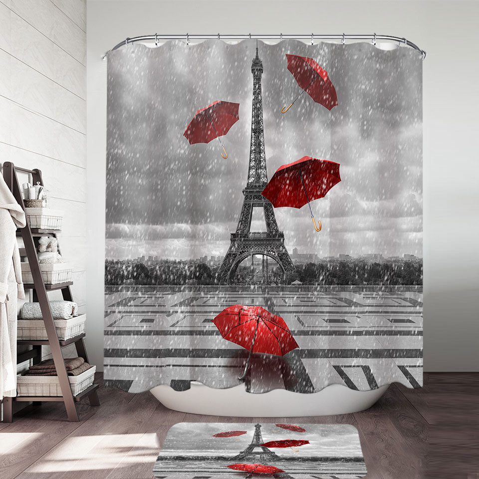 Artistic Photo Shower Curtains of Eiffel Tower VS Red Umbrellas