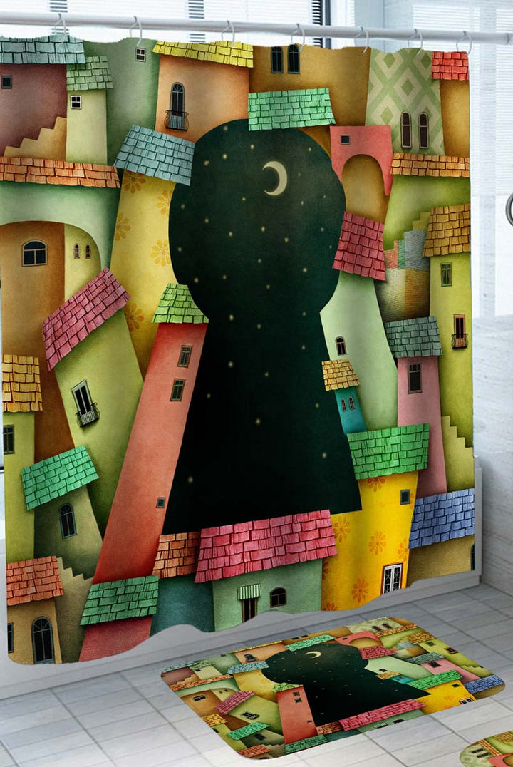 Artistic Shower Curtain Moon Night Keyhole in Old Village
