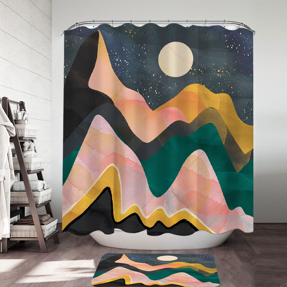Artistic Shower Curtain Mountains under a Full Moon