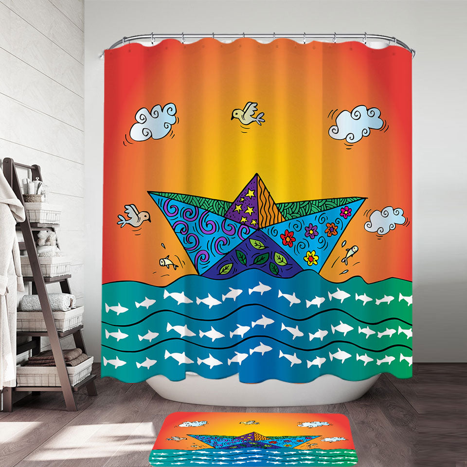 Artistic Shower Curtain Multi Colored Origami Boat