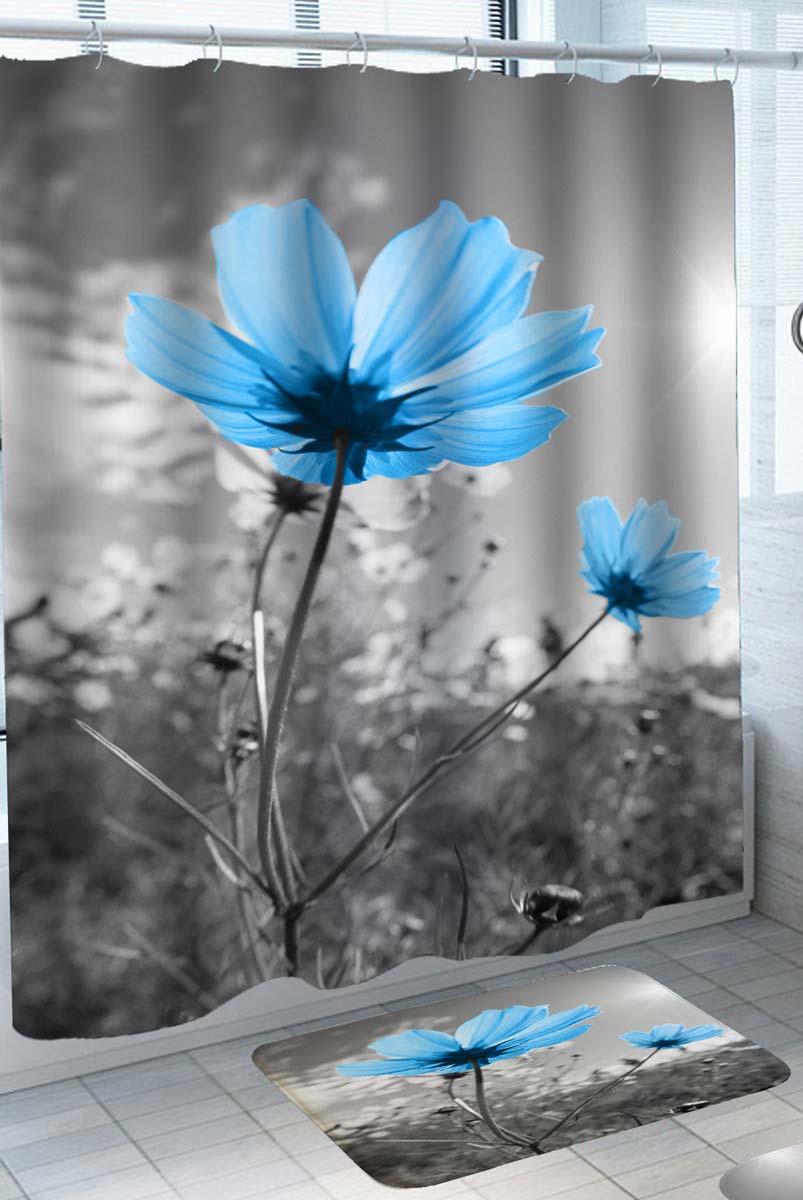 Artistic Shower Curtains Black and White Blue Flowers