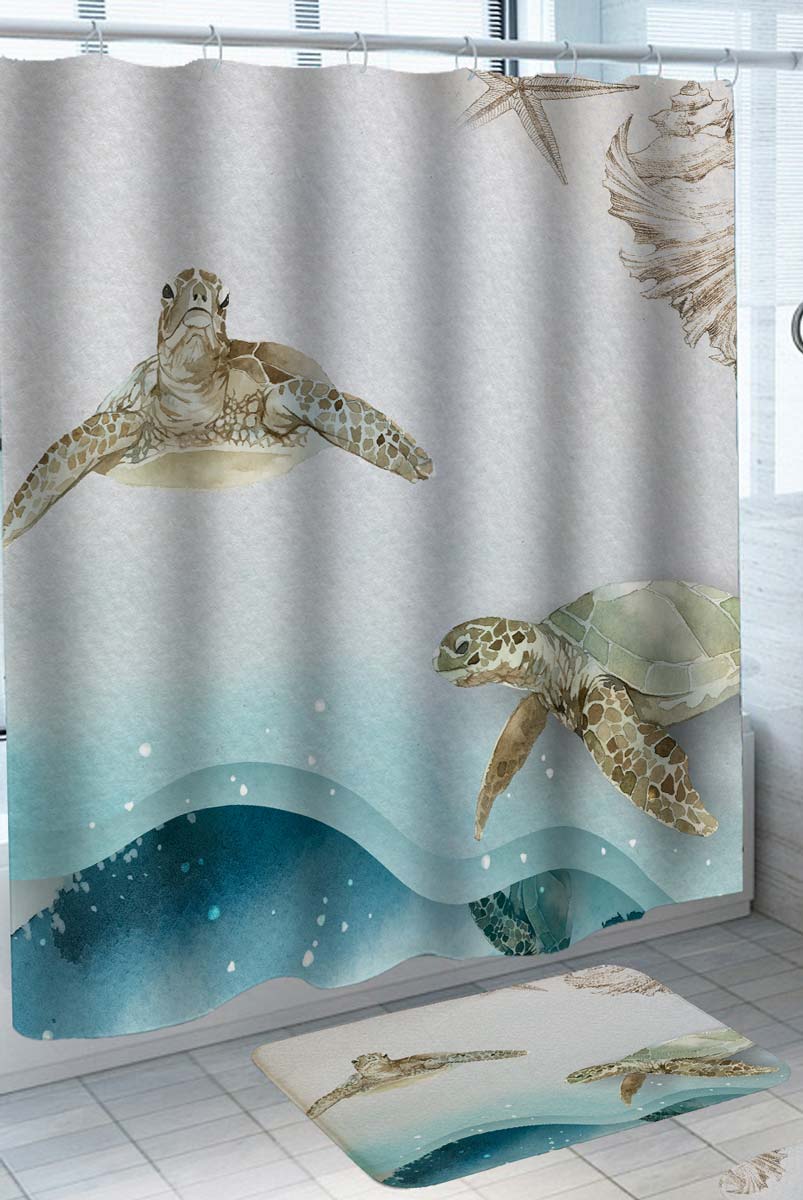 Artistic Shower Curtains Delicate Ocean with Two Turtles