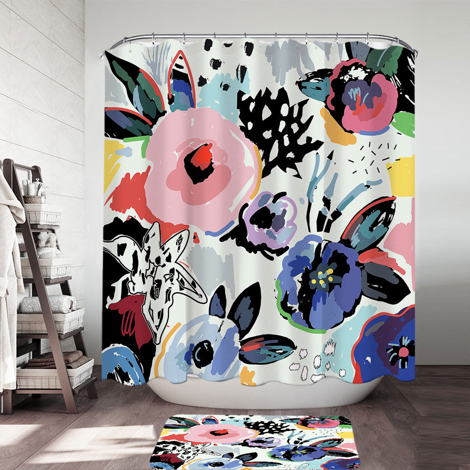 Artistic Shower Curtains and Bathroom Rugs Painted Flowers