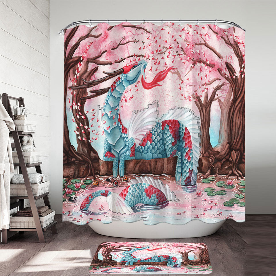 Artwork Cherry Blossom Breeze Japanese Dragon Shower Curtains for Cool Apartment