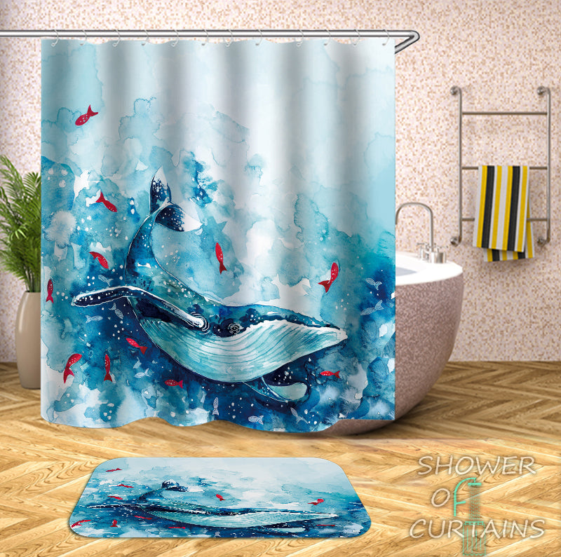 Artwork - Turquoise And Blue Watercolor Whale Shower Curtain