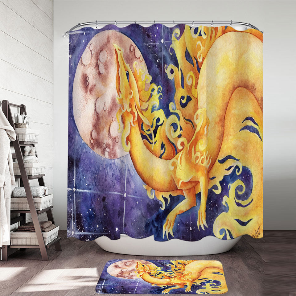 As the Sun Dances Yellow Dragon Art Shower Curtain for Sale