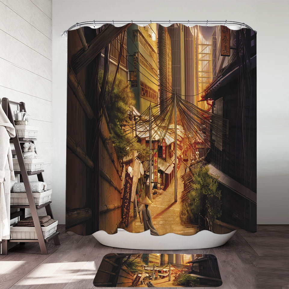 Asian Art Painting Tokyo City Markets Shower Curtains