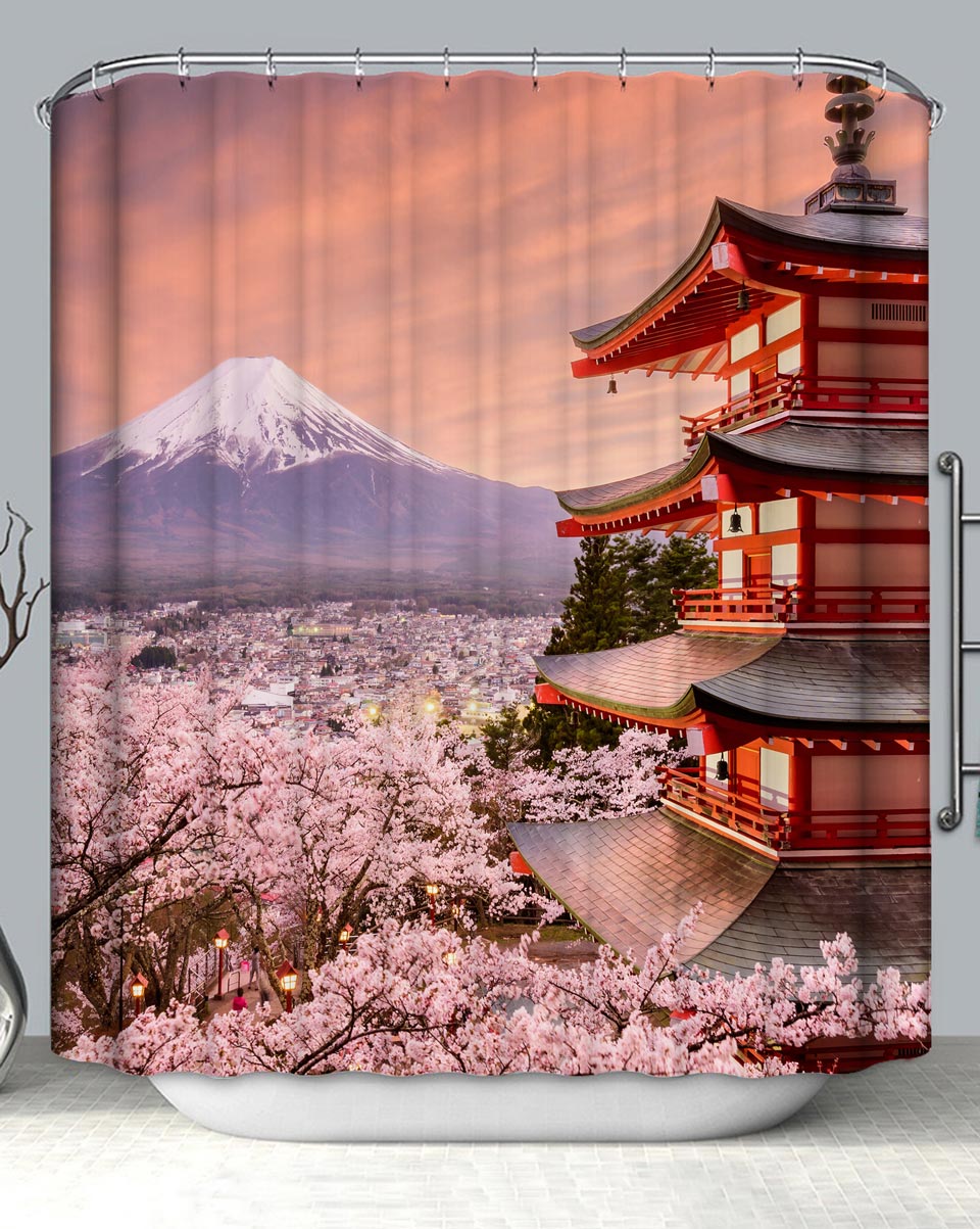 Asian Japanese Shower Curtain Mount Fuji Japanese Temple and Cherry Blossom