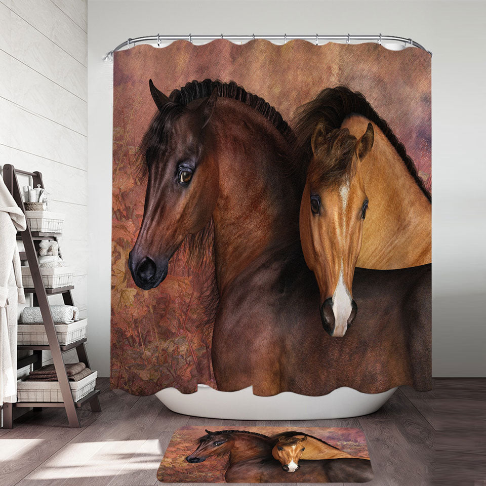 Autumn Colors Shower Curtains Two Cute Horses Art