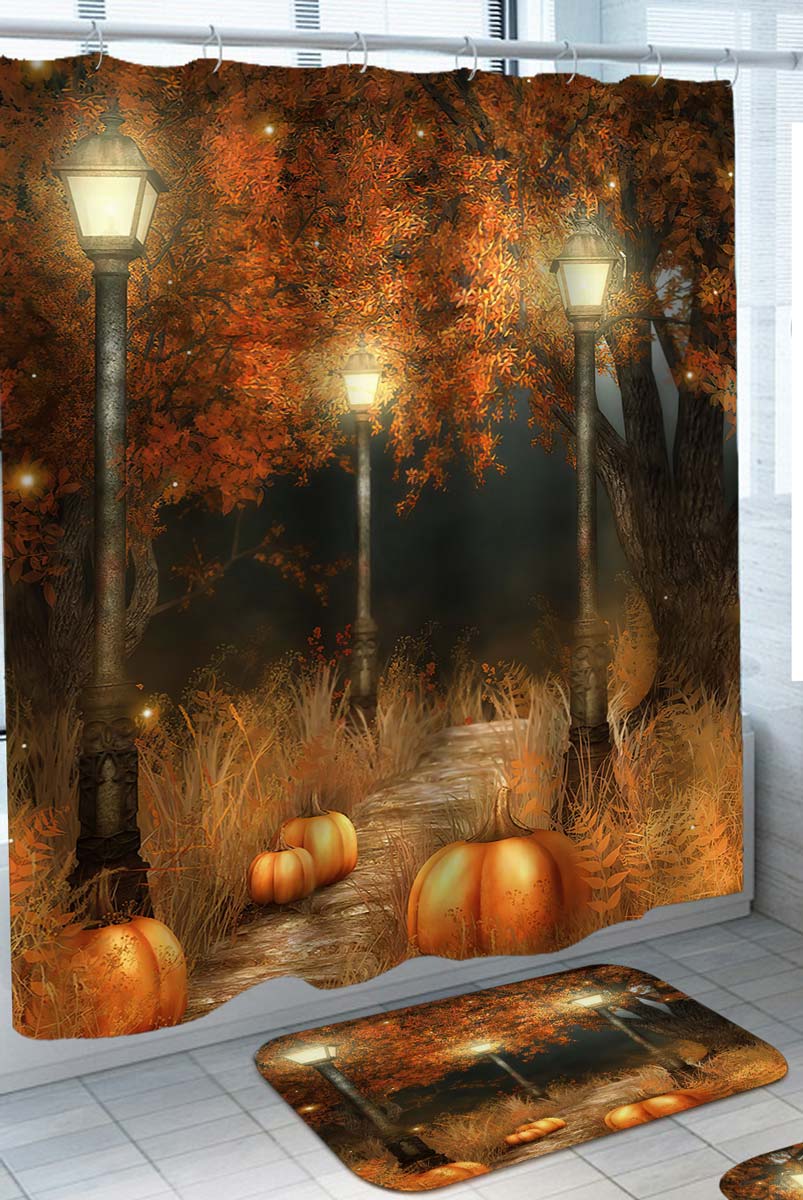 Autumn Shower Curtains with Leaves Pumpkins Wooded Path