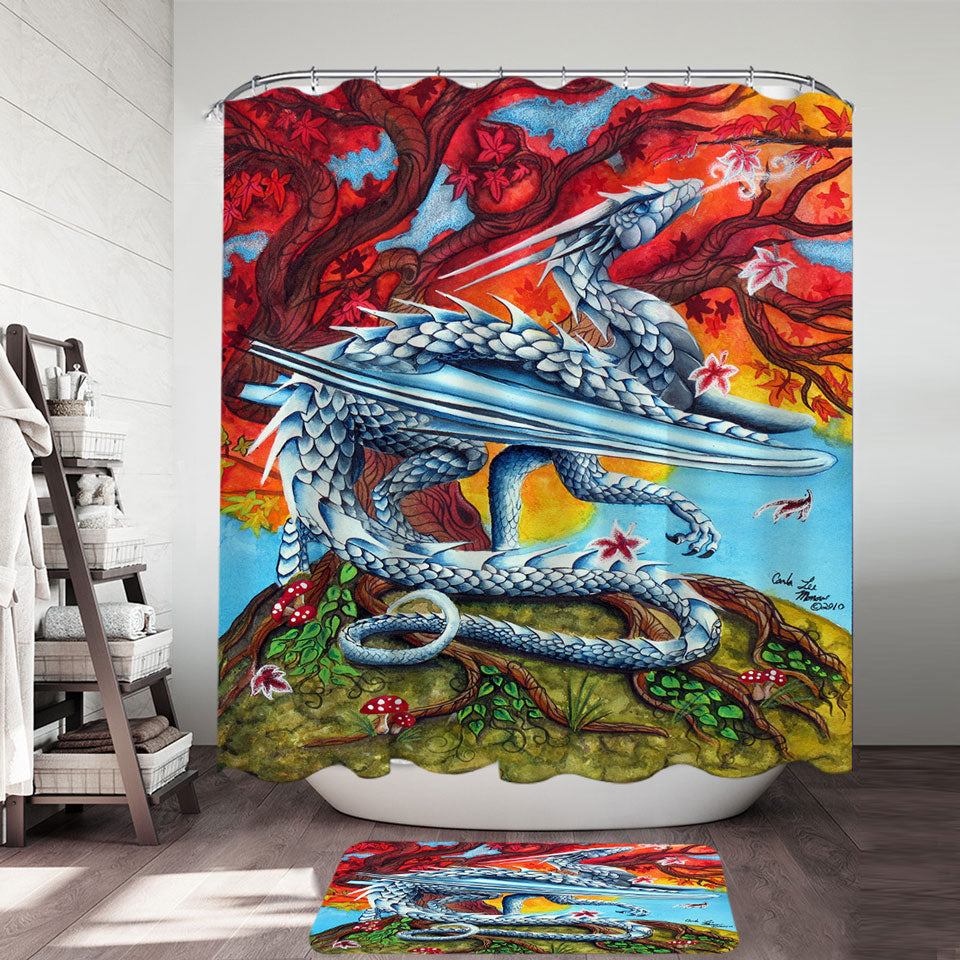 Autumn Tree vs the Winter Ice Dragon Shower Curtain Fabric