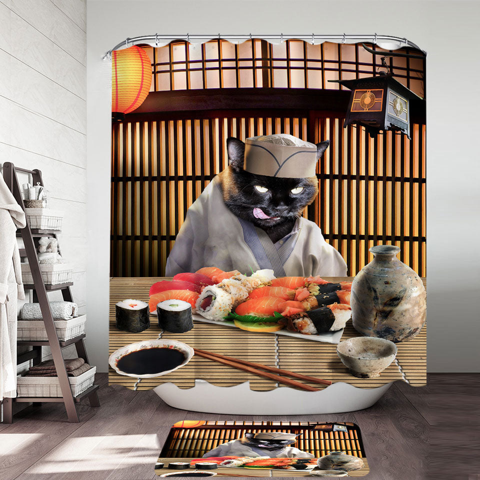 Awesome Shower Curtain Cool Art Funny Japanese Sushi Chef Cat