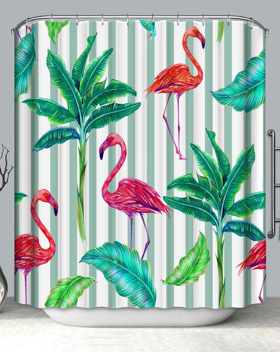 Banana Leaves Trees and Pink Flamingos Shower Curtain