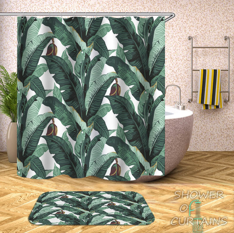 Banana Tree Leaves Shower Curtain - Tropical Themed Bathroom Decor