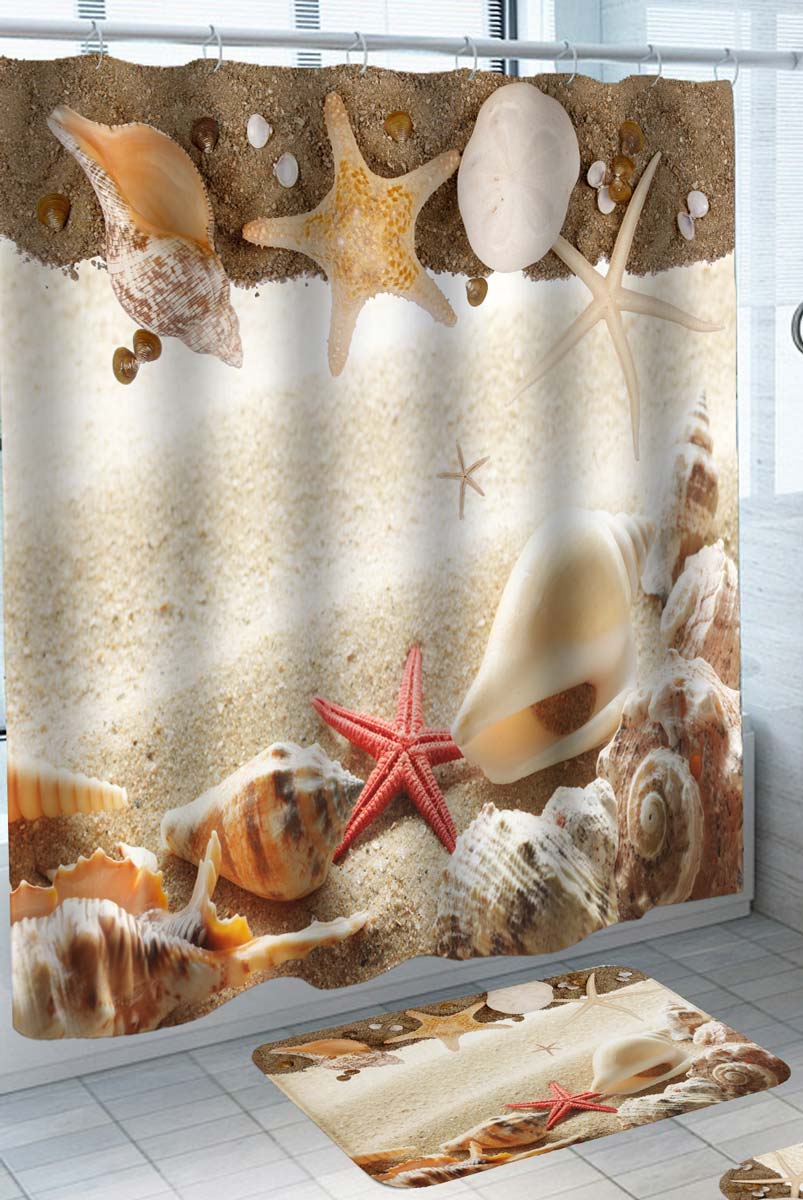 Beach Shower Curtain Shells and Starfish on Beach Sand