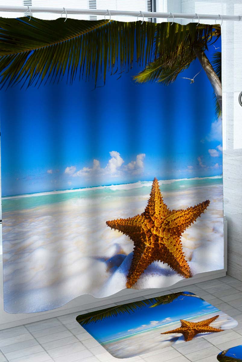 Beach Shower Curtain with Starfish under a Palm Tree on the Beach