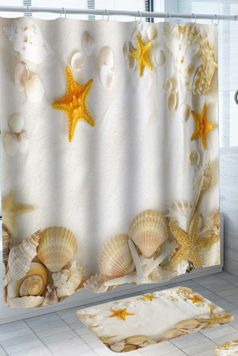 Beach Themed Shower Curtain Beach Full of Shells and Starfish