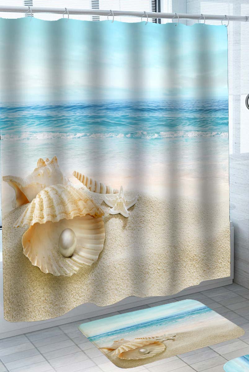 Beach Themed Shower Curtain Calm Ocean Sea Water and Shells on the Beach