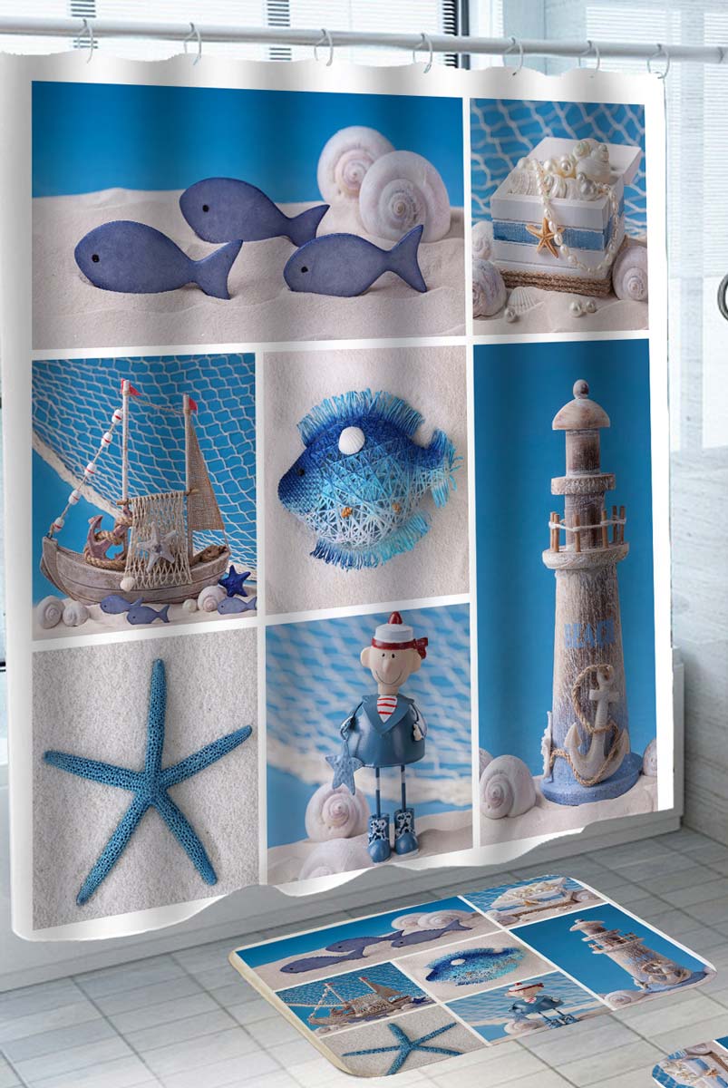 Beach Themed Shower Curtain Nautical Collage