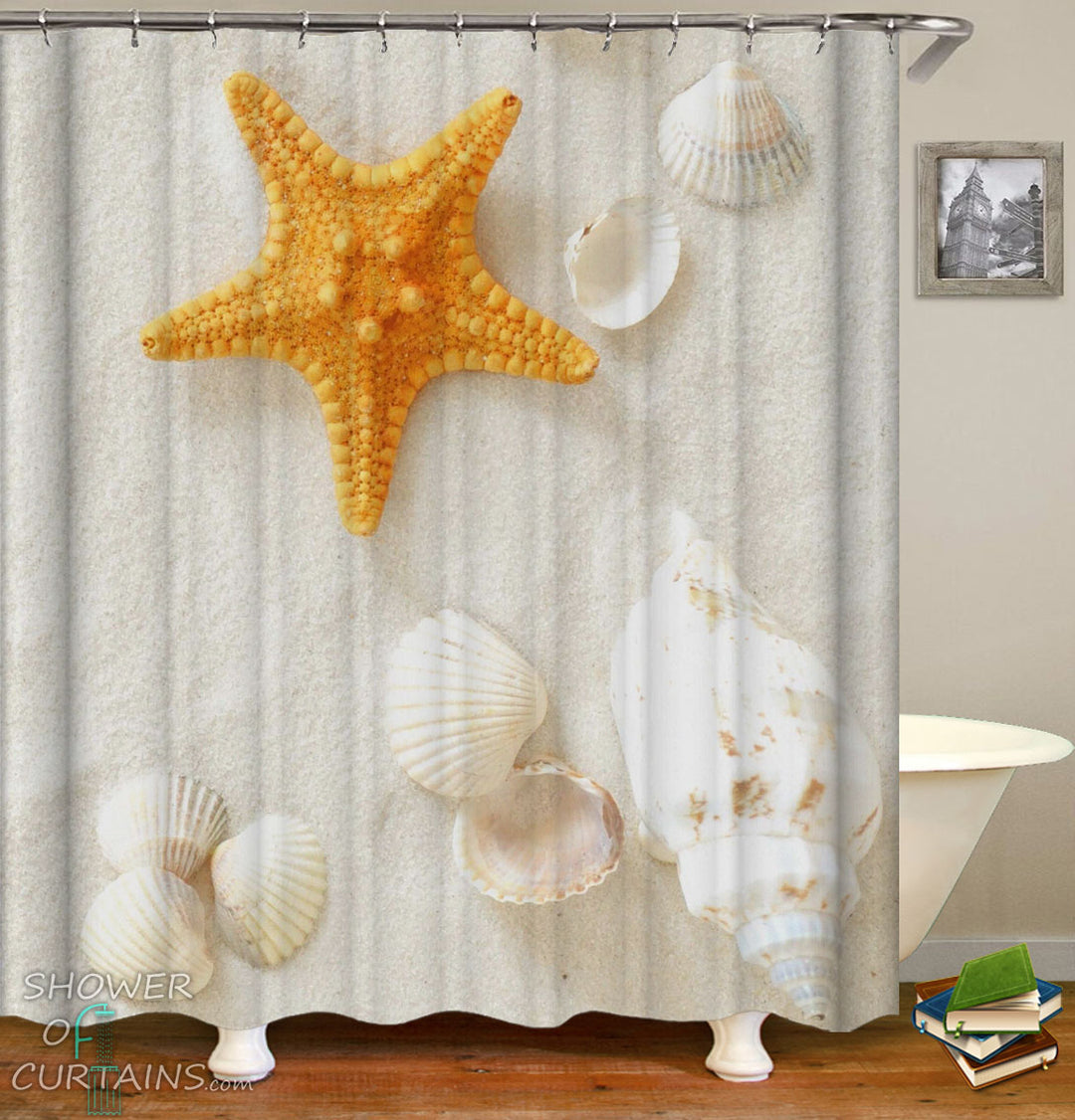 Beach Shower Curtain of Yellow Starfish And Seashells Shower Curtains Design