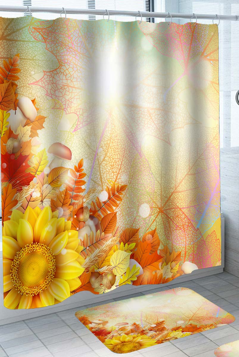Beautiful Autumn Colors Shower Curtain Features Leaves and Sunflower