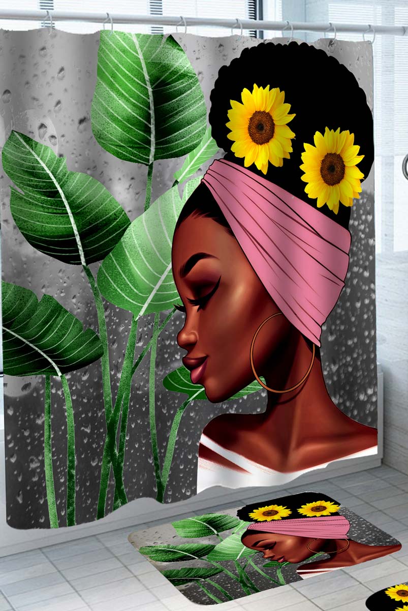 Beautiful Black Girl Shower Curtain with Sunflowers and Leaves