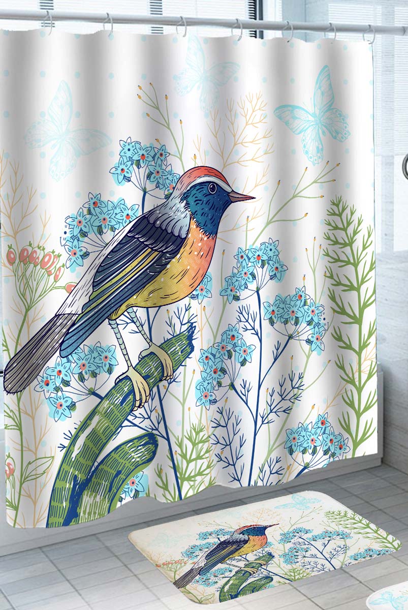 Beautiful Elegant Shower Curtains Drawing Flowers and Hummingbird