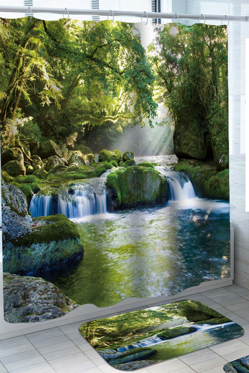 Beautiful Nature Shower Curtain Sunshine Waterfall Pond