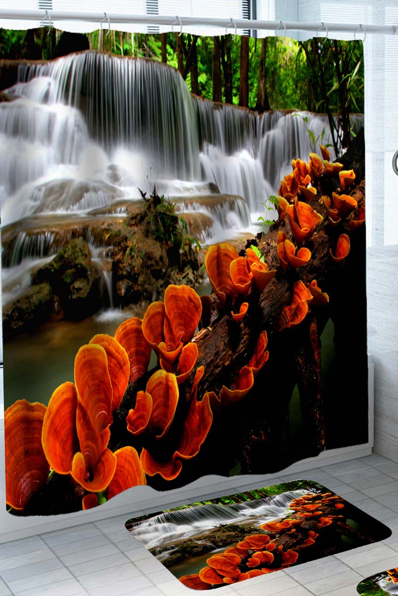 Beautiful Nature Shower Curtain with Fungus by the Waterfall