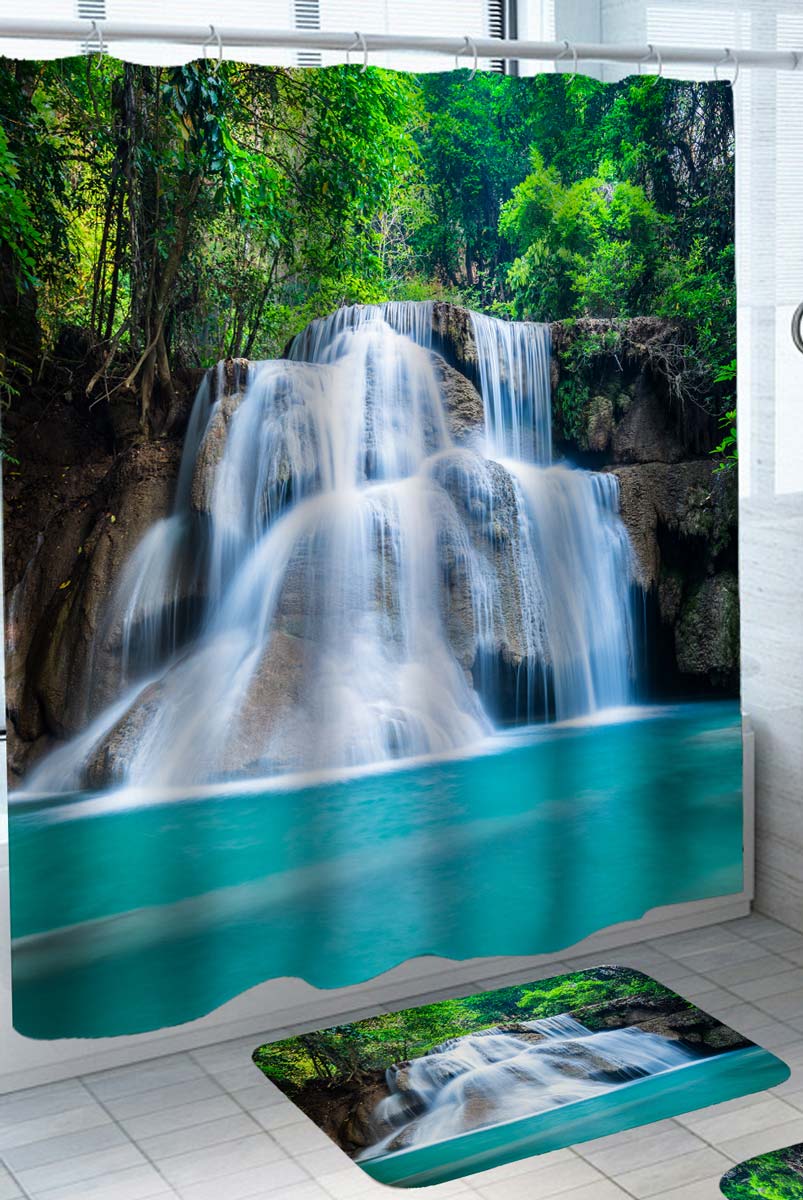 Beautiful Nature Shower Curtains with Turquoise Waterfall