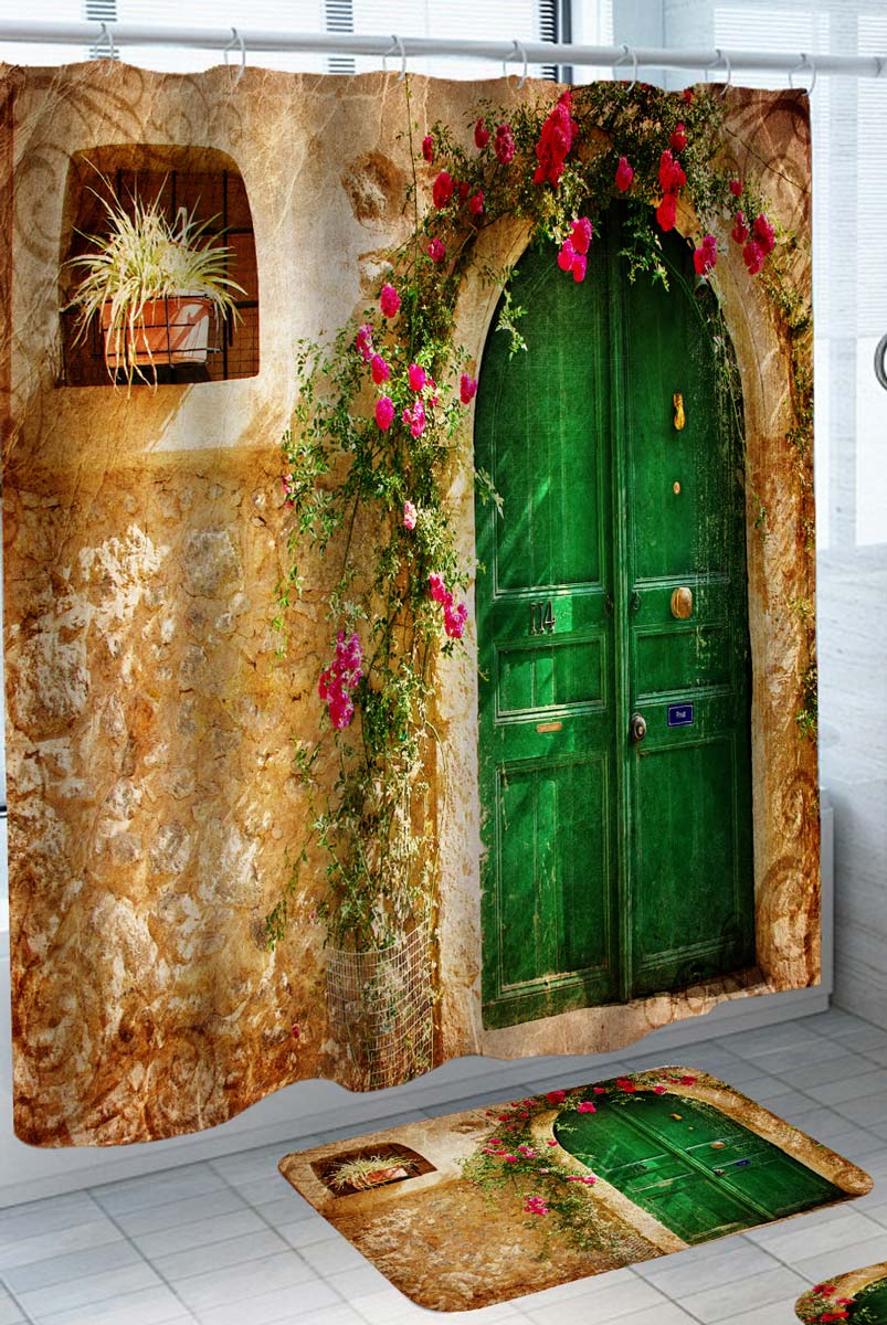 Beautiful Old Village Green Door House Shower Curtains