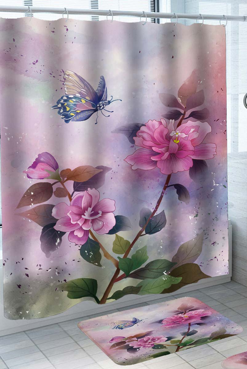 Beautiful Shower Curtain Pink Flowers and Butterfly