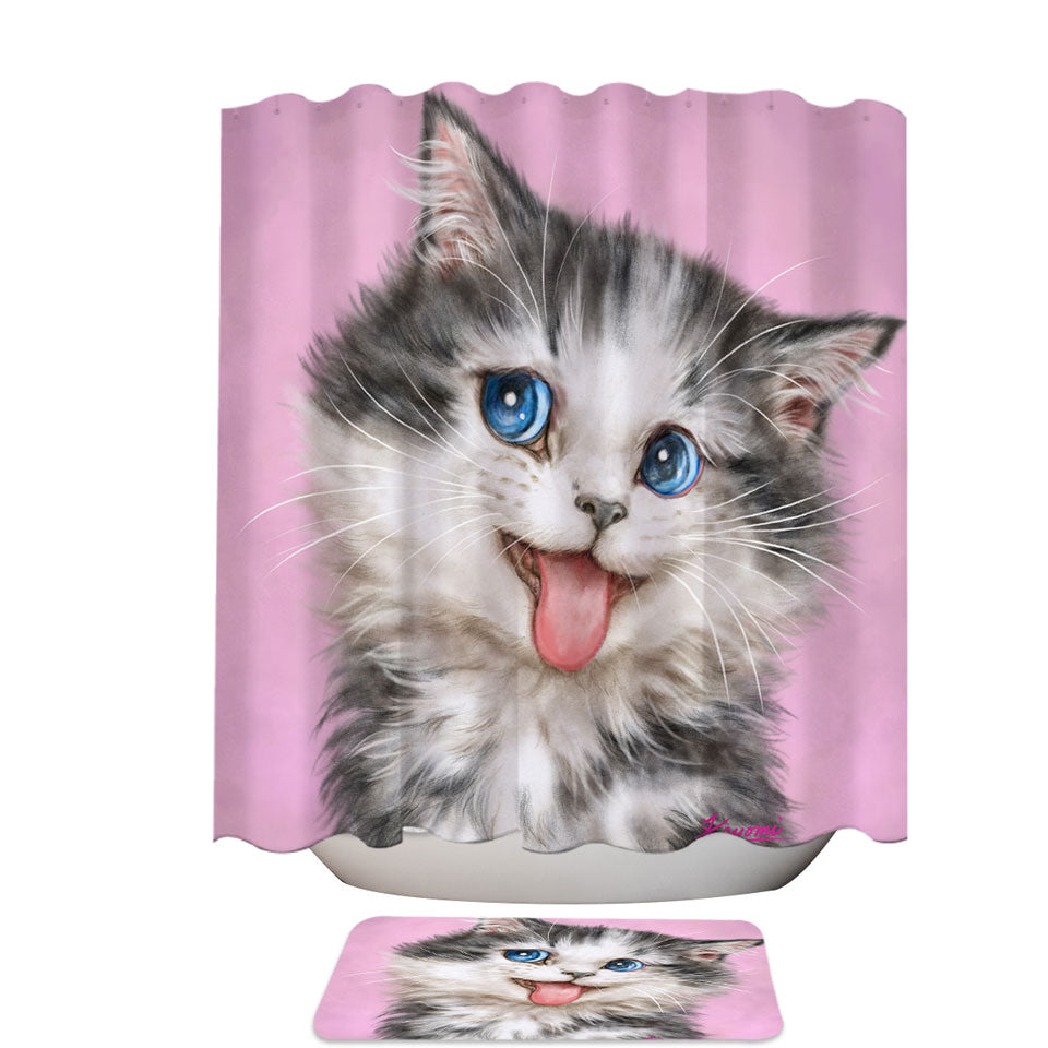 Beautiful Shower Curtains Cats Blue Eyes Grey White Furry Kitten