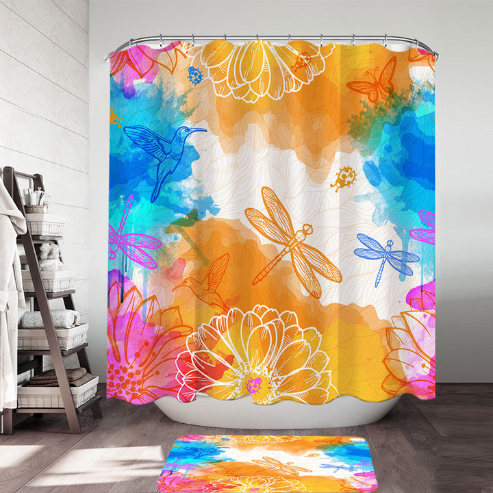 Beautiful Shower Curtains Orange Blue Dragonflies and Hummingbirds